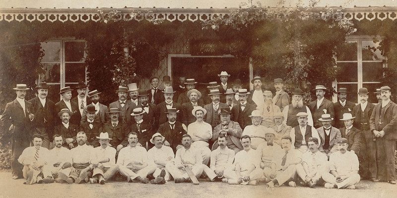 A club gathering in the straw-boater era, c. 1900.